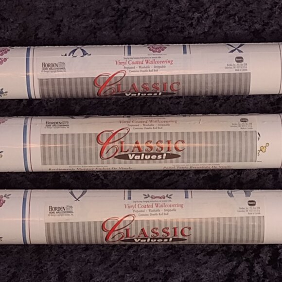 Vintage 3 Rolls Borden Wallpaper Blue Mauve Striped Bows Flowers Cottage Core‎ - Picture 1 of 11
